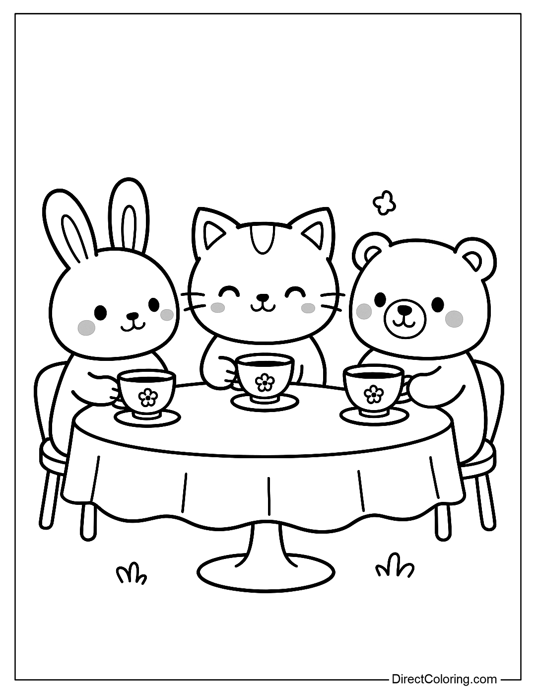 a Coloring Page A tea party table with a rabbit, cat, and bear sitting around, each with their own teacup with delicate patterns